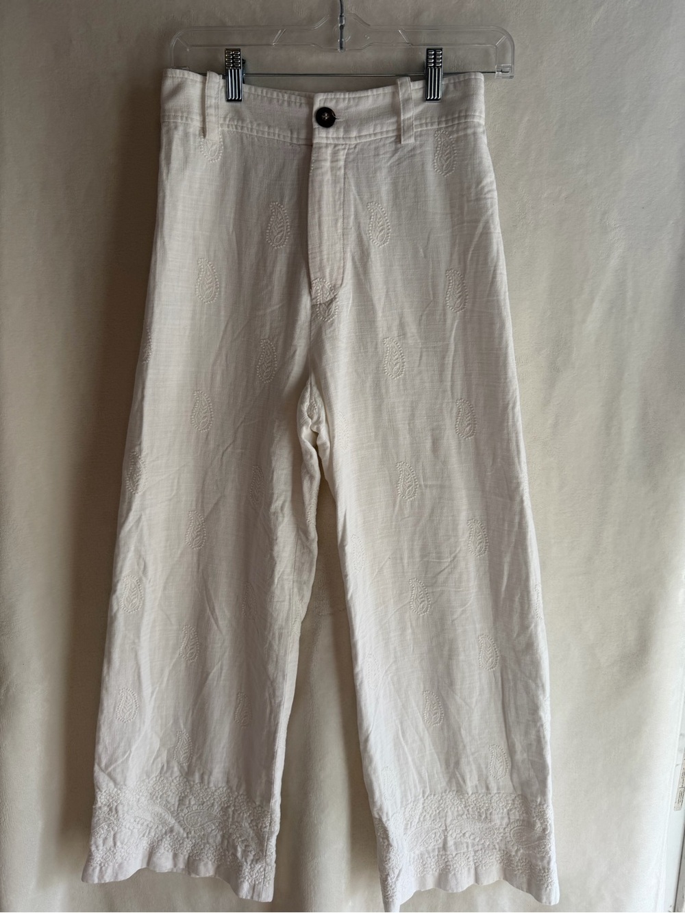 Zara Cream Embroidered Flat-Front Wide-Leg Pants with Scalloped Hem